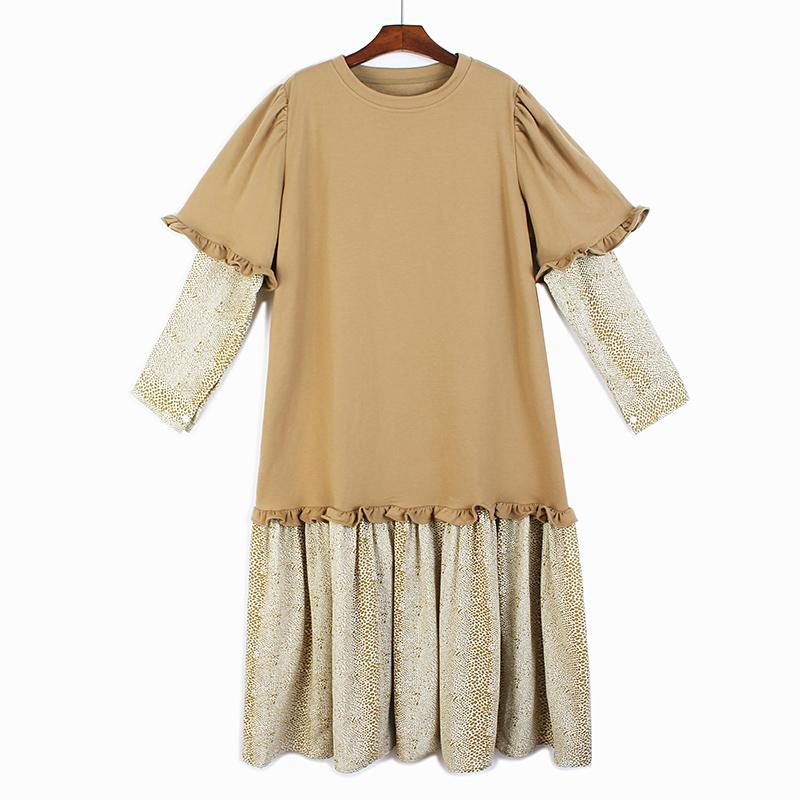 

Casual Dresses SuperAen Dress Women Long Sleeve Korean Style Flounced Edge Patchwork O-Neck Oversized For WomenCasual, Khaki