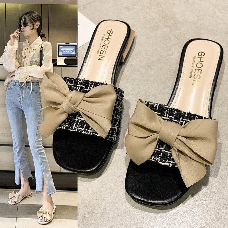

Slippers Fairy Silk Bow-knot Plaid Fabric Women Sandals Summer Lattices Modern Shoes Woman Flip Flops Metal Heels Slides Femme, Beige