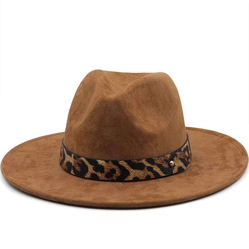 

Faux Suede Jazz Fedora Hats Women Classic Leopard Belt Decoration Felt Cap Men Panama Gentleman Top Hat Party Church Hat, Khaki