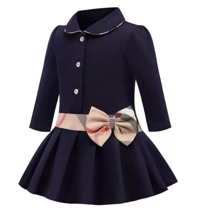 

Navy Kids bowknot Long Sleeve Dress Fashion Children Designer Girl's Dresses Baby Clothing, Customize