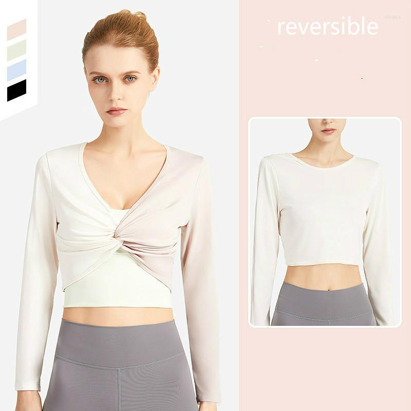 

Active Shirts Reversible Long Sleeve Yoga Shirt Women Patchwork Breathable Sport Fitness Crop Top Female, Gray
