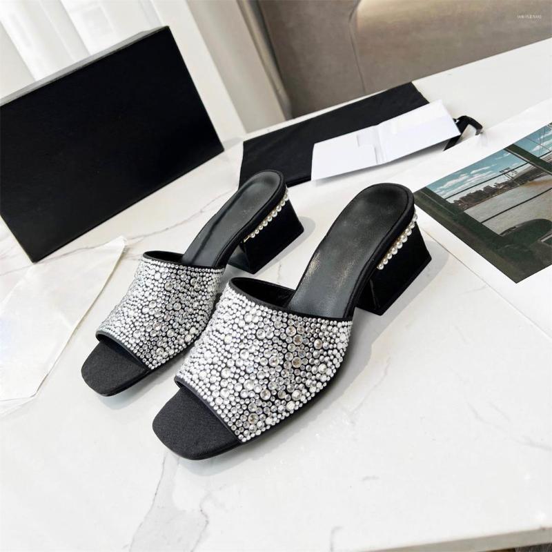 

Slippers 2023 Summer Crystal Decor Fashion Women Shoes Square Toe High Heels Concise Zapatos De Mujer Size 35-42, Picture shown