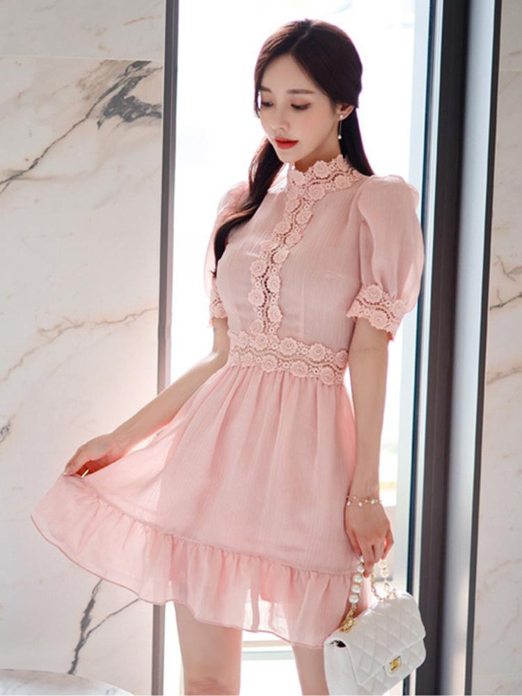 

Casual Dresses Korean Elegant Women Evening Dress Temperament Vintage Pink Sweet Hollow Slim Mini Party Club Beach Lady Femme Mujer VestidoC