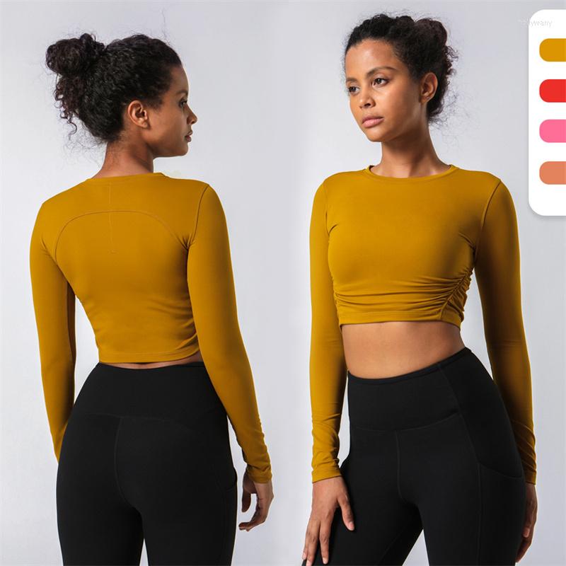 

Active Shirts Women' Long Sleeve Yoga Gym Sports T-shirts Crew Neck Waist Pleated Stretch Crop Tops Jogging Workout Fitness Sportswear, Dark coffee red