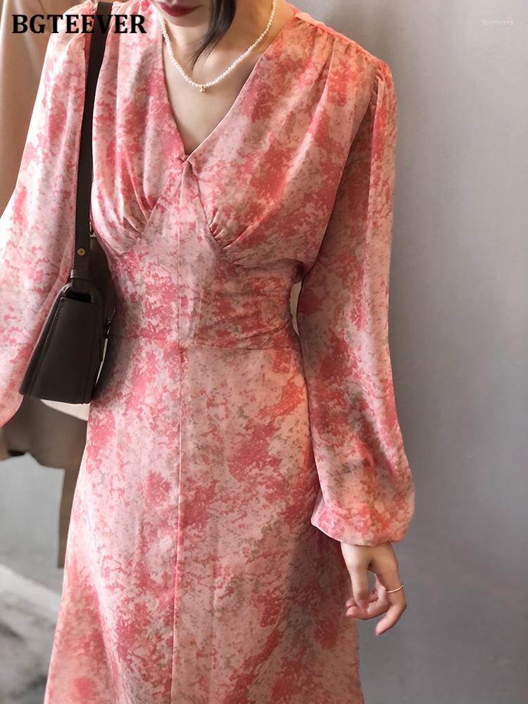 

Casual Dresses BGTEEVER 2023 Spring V-neck Women Floral Dress Elegant Full Sleeve Lace-up Slim Waist Female A-line Chiffon Vestidos, Pink