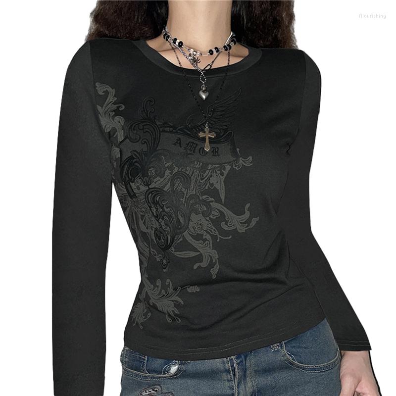 

Women' T Shirts Xingqing Y2k Crop Top Graphic Print Long Sleeve Shirt 2000s Women Clothes Grunge Fairy Core Tee Dark Academia Streetwear, As photo shows