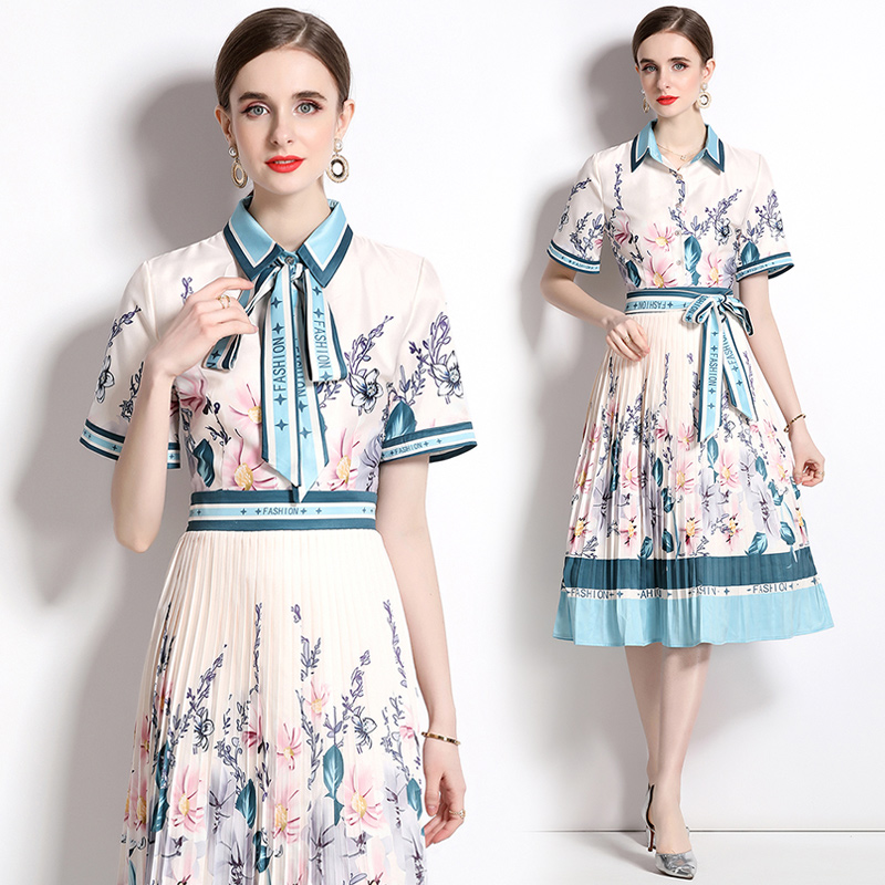 

Floral Print White Long Dress Summer Designer 2023 Short Sleeve Women Ribbon Bow Street Cafe Pleated Slim A-Line Midi Dresses Office Chic Casual Loose Big Swing Frocks, 13