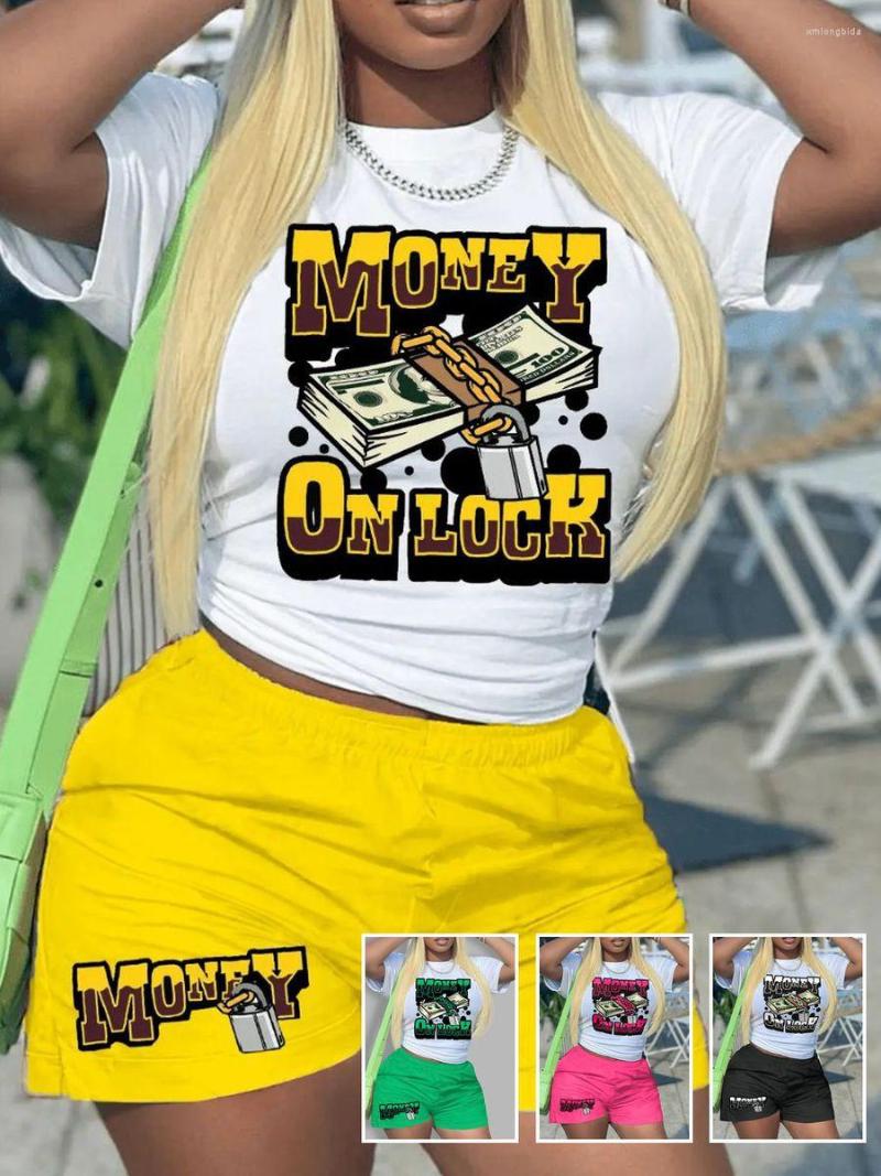 

Women's Tracksuits LW Graffiti 2pcs Money Letter Cartoon Print Shorts Set Simple O Neck Short Sleeve White T-shirt&Elastic Waist Matching, Yellow