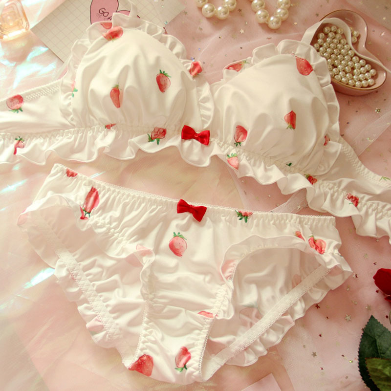 

Bras Sets Strawberry Cute Japanese Milk Silk Bra Set Wirefree Soft Underwear Kawaii Lolita and Panty Pink Lingerie 230311, White