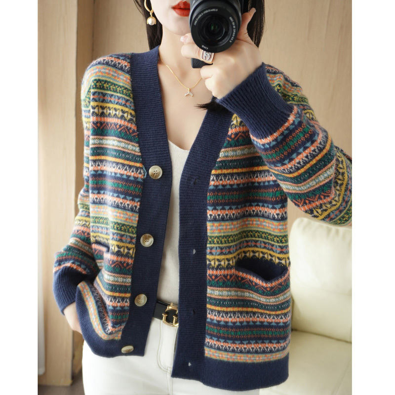 

Women's Knits Tees Female Vneck Knitted Cardigan Autumn And Winter Thickened Horizontal Striped Sweater Loose Fashion Jacket Bottoming Top 230311, Lake blue