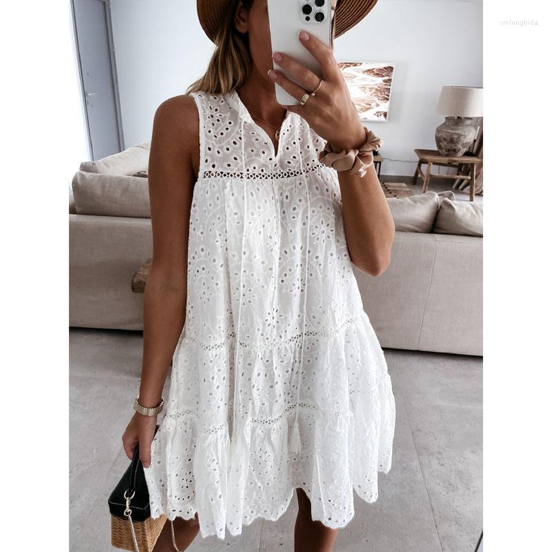 

Casual Dresses Wsevypo Women White Dress Boho Party Plain Beach Sundress Summer Loose Sleeveless Hook Flower Hollow Mini A-Line