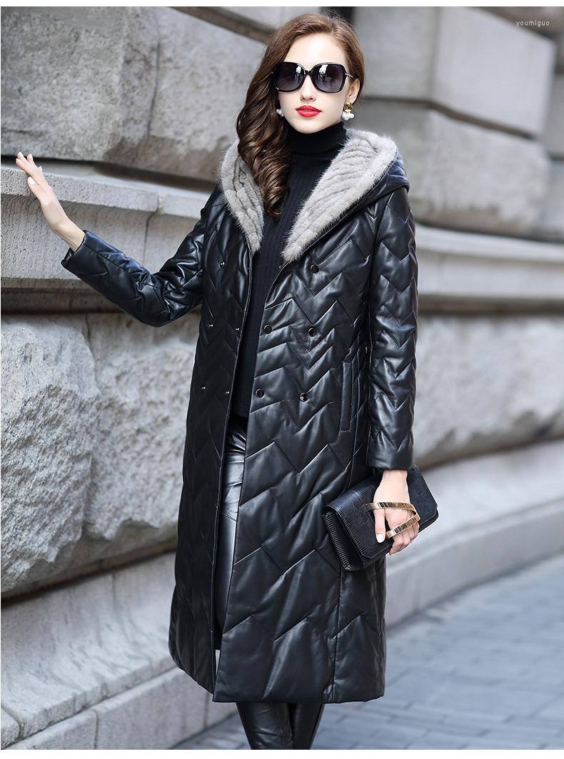 

Women's Leather 2023 Genuine Jacket Real Sheepskin Coat Natural Knitted Hooded Long Women's Down Jackets HQ18-CJX0095B, Black