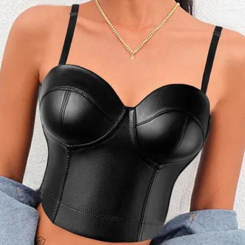 

Women's Tanks Black Faux Leather Waistcoat Woman Camis Sexy Solid Color Suspender Strap Crop Tops Fashion Lady Backless PU Vest Tube