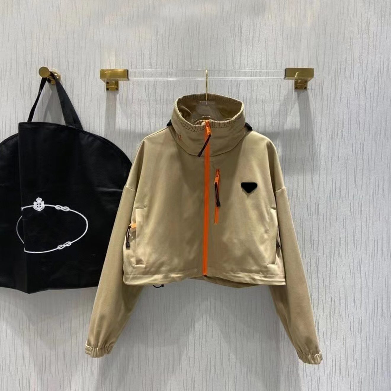 

Womens Designer Hooded Jackets Triangle Fashion Long Sleeve Jacket C0131, Khaki