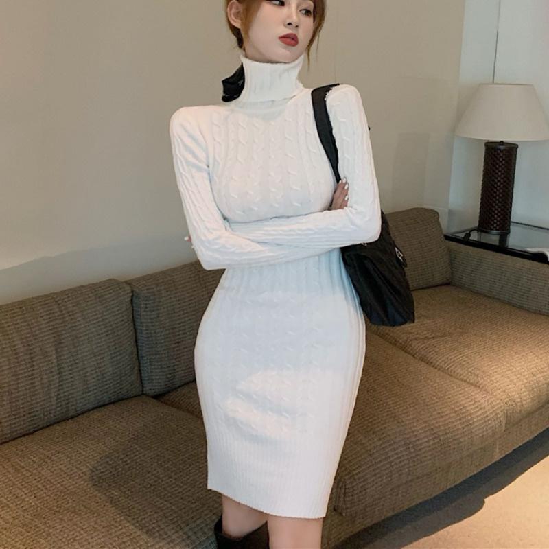 

Casual Dresses Autumn Winter Korean Fashion Bottomed Knitted Sweater Dress Women Turtleneck Sheath Bodycon All-match Robe Femme, Black