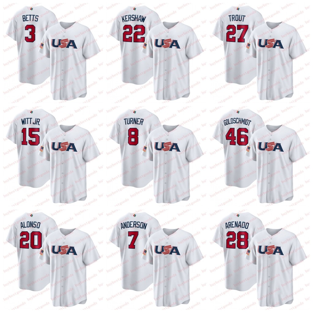 

Team USA Baseball Mookie Betts Bobby Witt Jr. Jersey 2023 World Baseball Classic Jersey WBC Mike Trout Pete Alonso Trea Turner J. T. Realmuto Kershaw Anderson Arenado, As shown