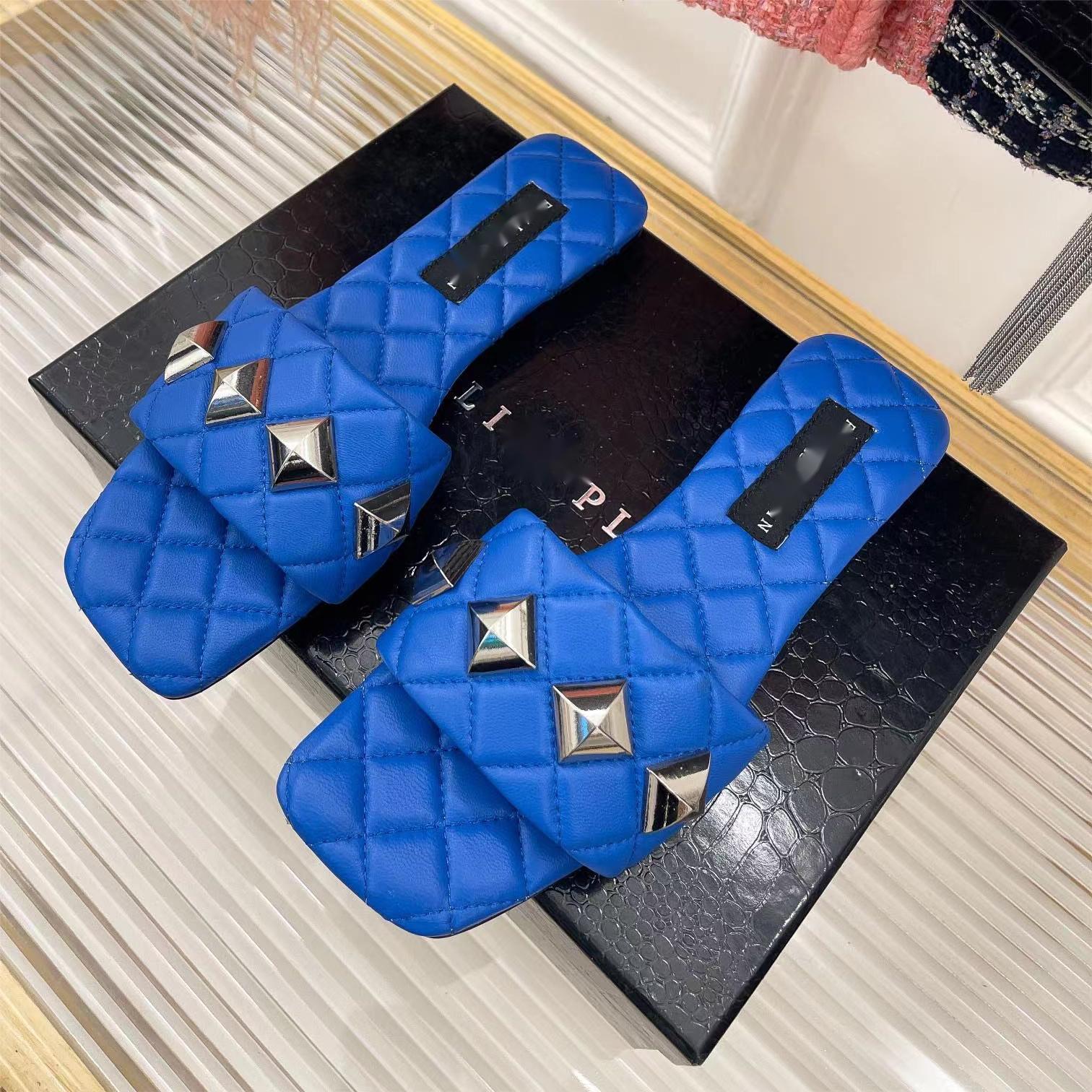 

2023 Summer Women Slide Designer Quilting Sandals Real Leather Luxury Flat Slippers Rubber Thick Bottoms Flip Flops Beach Shoes, Blue
