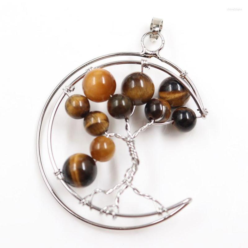 

Pendant Necklaces FYSL Silver Plated Wire Wrap Crescent Moon Many Colors Quartz Stone Tree Of Life Jewelry