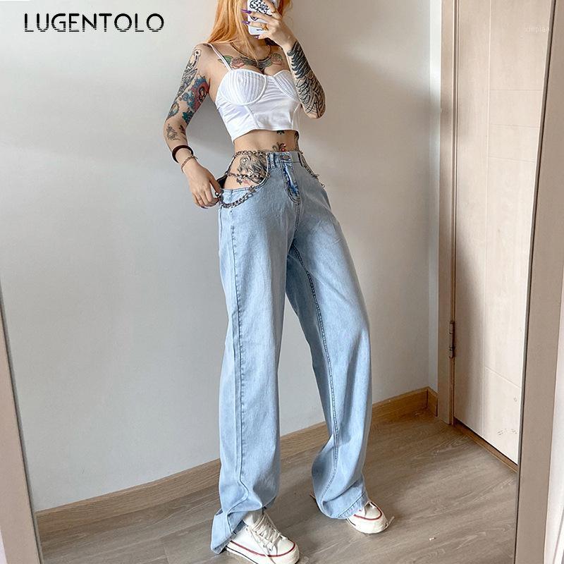 

Women' Jeans Lugentolo Women Summer Loose High Waist Slim Lady Chain Wide Leg Straight Casual Pants Fashion Street, Blue
