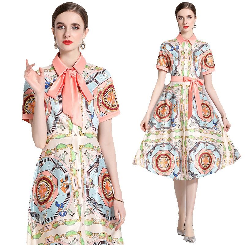 

Summer Designer Print Midi Dress Short Sleeve Light Luxury Women Office Chic Lapel Classic Button Up Shirt Dresses 2023 Holiday Party Ribbon Bow Elegant Ballgown, 11