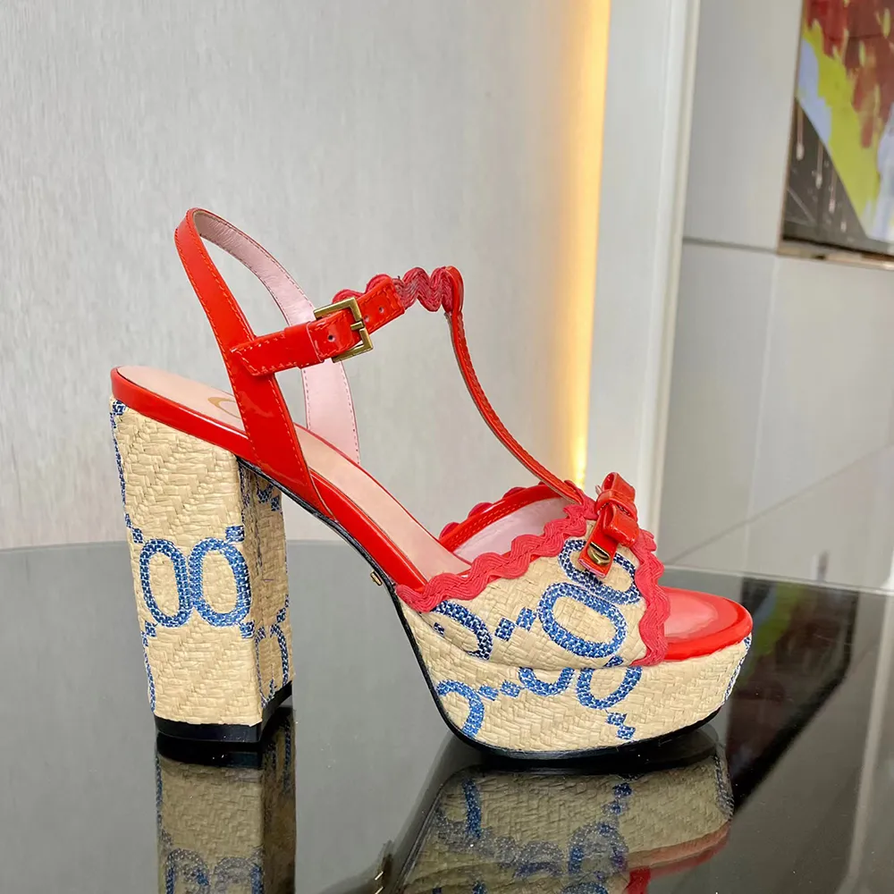 

Lafite weaving sandals Luxury Designers dress shoes Embroidery Embellished Ankle strap platform Pumps chunky high Heels sandal12CM high