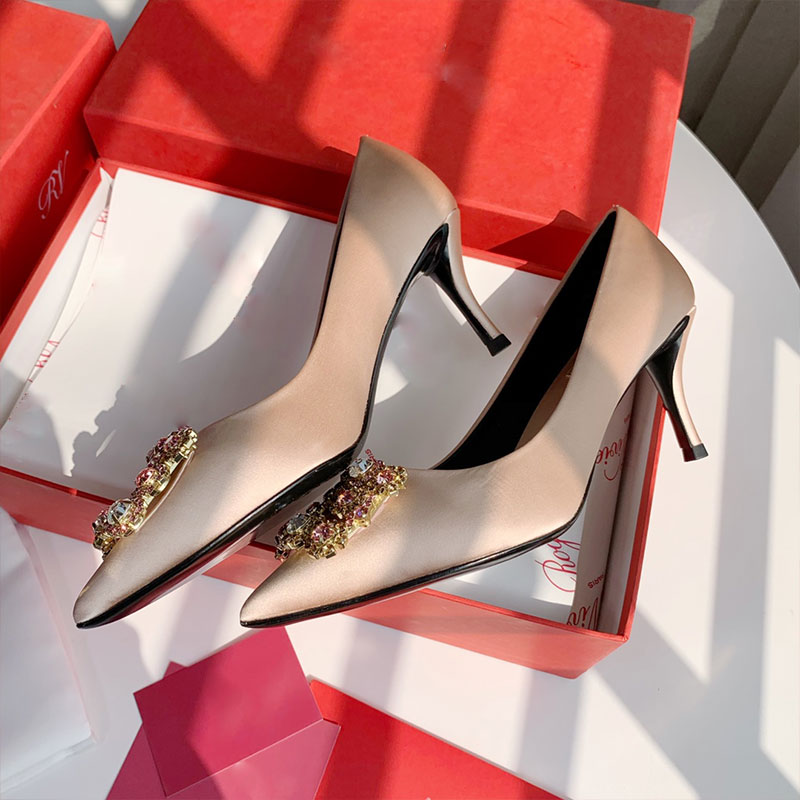 

Rivets high heel shoes top quality pumps for women designer diamond silk shoes party wedding dress rhinestone sexy versatile banquet loafers multicolour Printed, Color6