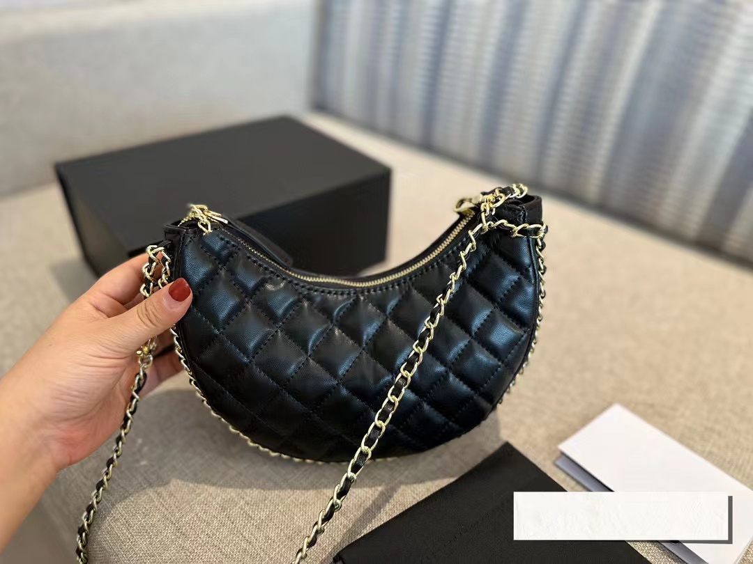 

Fashion 23P crescent bag Women bag Zipper rhomboid cow leather chain Metal logo New high-capacity designer luxury bag, Peach