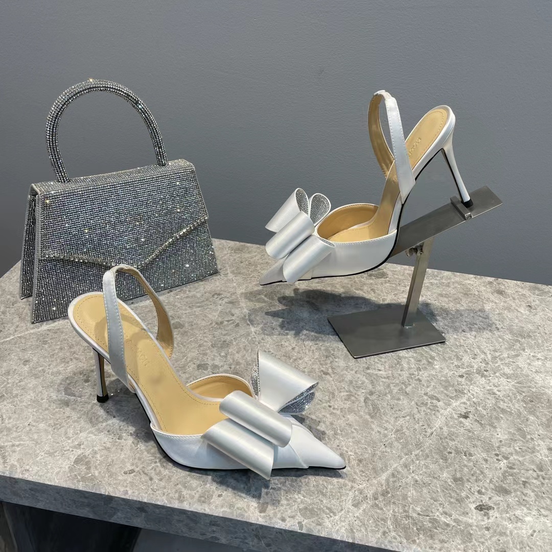 

Mach dress shoes high heel sandals satin double bow water pump crystal decorative banquet shoe 10cm women high heels ankle strap designer slippers, Black