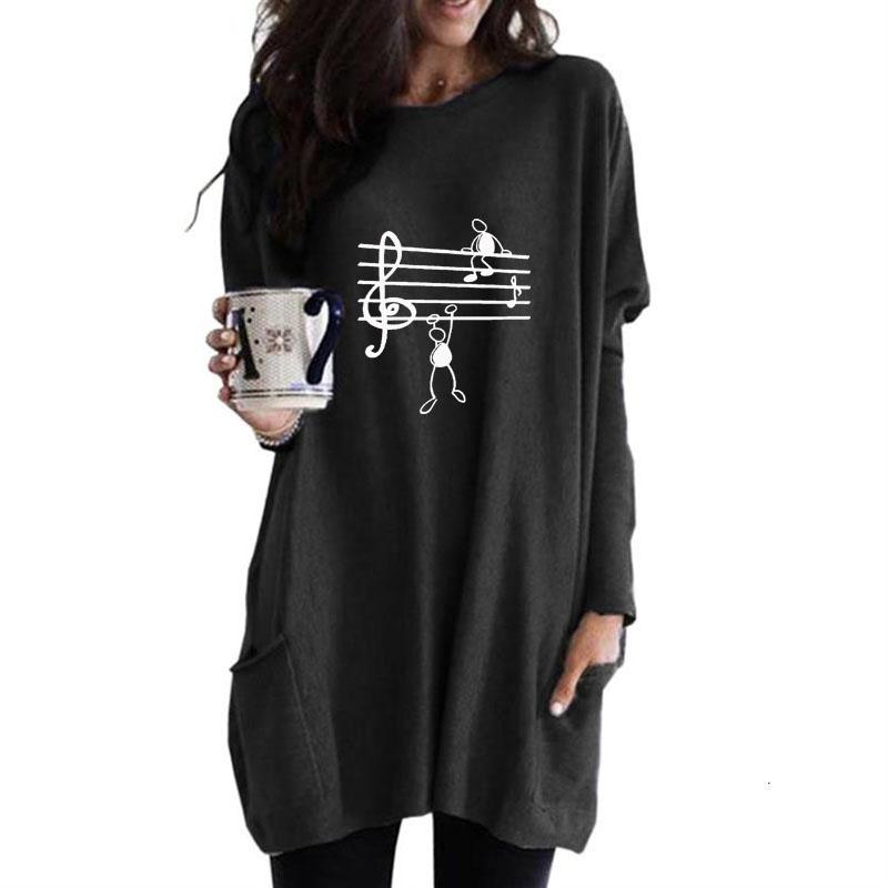 

Women' Hoodies & Sweatshirts Cartoon Music Note Letter Print Pocket Long For Female Femmes Lover Gift Plus Size Women Casual, Black