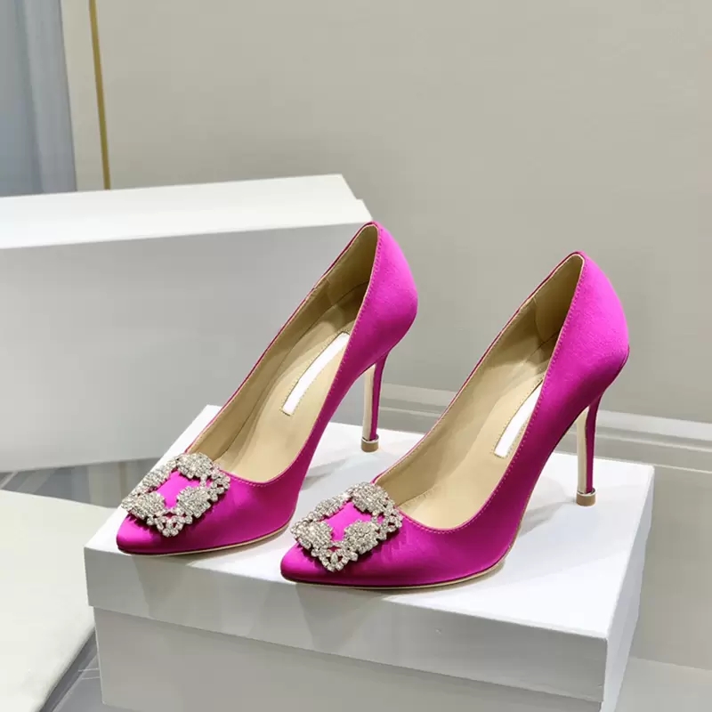 

Pumps Dress Shoes Womens High Heeled Fuchsia silk Slip-on High-Heeled Stiletto Round Toes Heels Luxury Designers Crystal-Embellished Evening shoes with box, 11