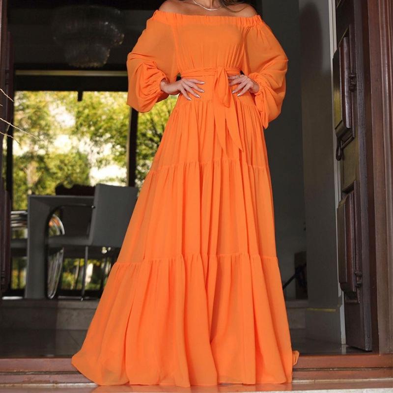 

Casual Dresses 2023 Autumn Orange Chiffon Long Graduation Women Full Sleeve Straight Homecoming Prom Party Vestidos Girl Frocks