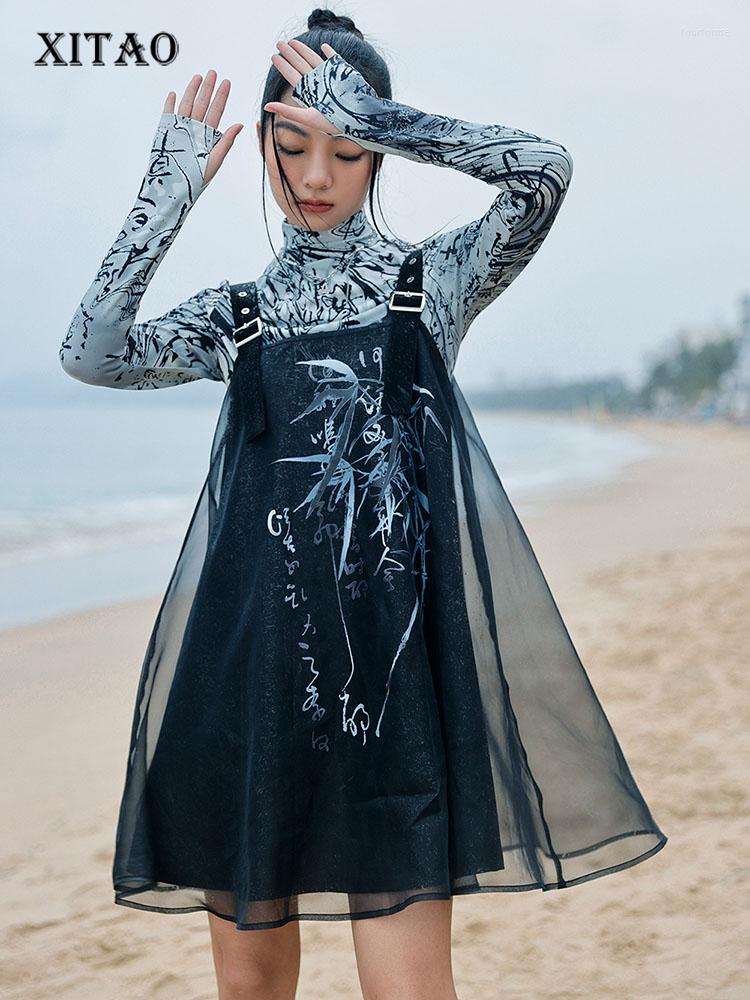 

Casual Dresses XITAO Solid Color Print Patchwork Mesh Dress Pullover Loose Square Collar Arrival Fashion All Match SMH1431, Black smh1431