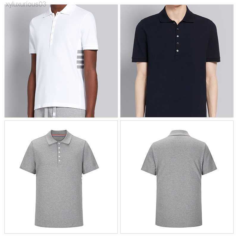 

Tb Thom T-shirt Fashion Brand Slim Casual Polo Clothing Classic Pique Cotton Tees Striped 4-bar Waist Lapel Sweatshirt, White