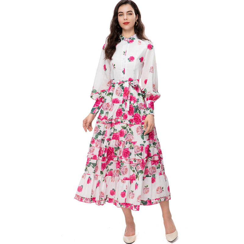 

Women's Runway Dresses O Neck Long Sleeves Floral Printed Sash Belt Fashion Designer Vestidos, Pink