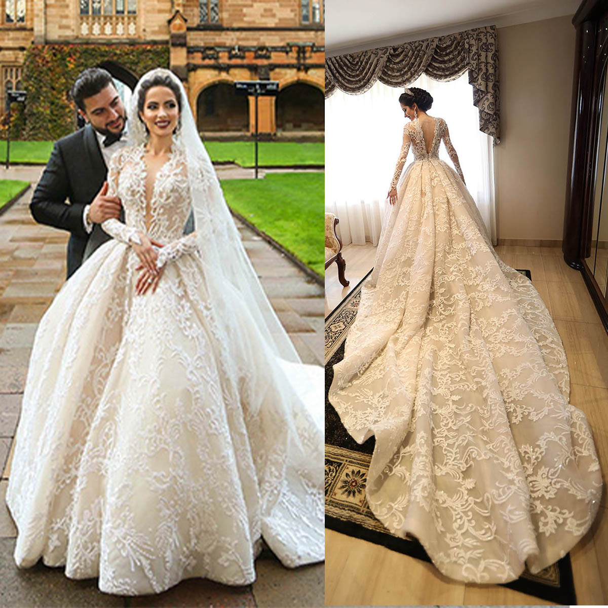

Glamorous Ball Gown Wedding Dresses Deep V-neck High Waist Whole Bady Lace Applicant Backless Chapel Sequins Custom Made Bridal Gown Vestidos De Novia, Black