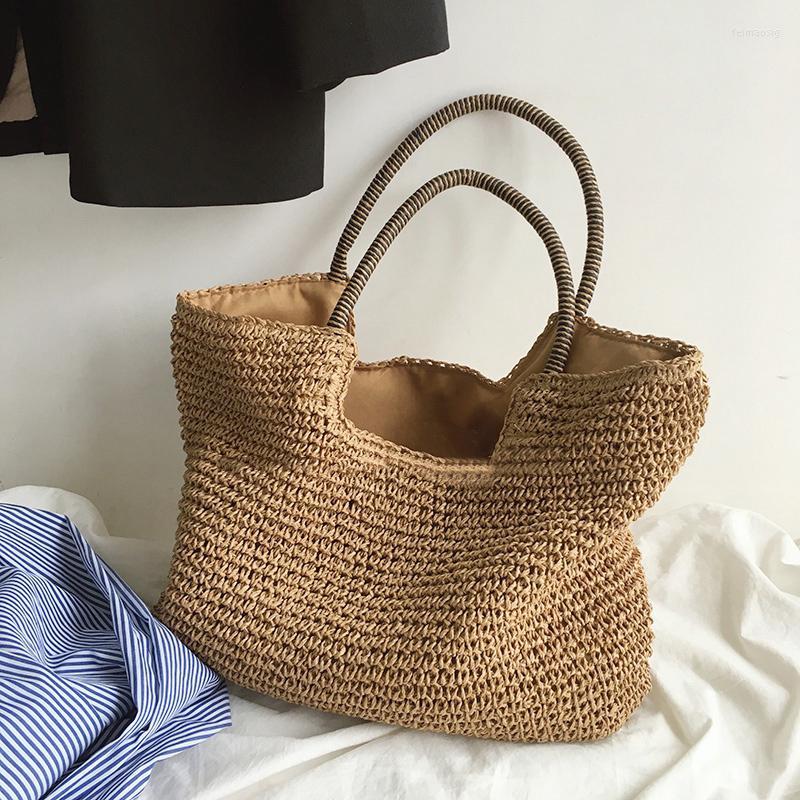 

Evening Bags Casual Large Capacity Straw Tote Bag Striped Handle Women Handbags Paper Woven Summer Beach Shoulder Big Bali Shopper Purses, Brown