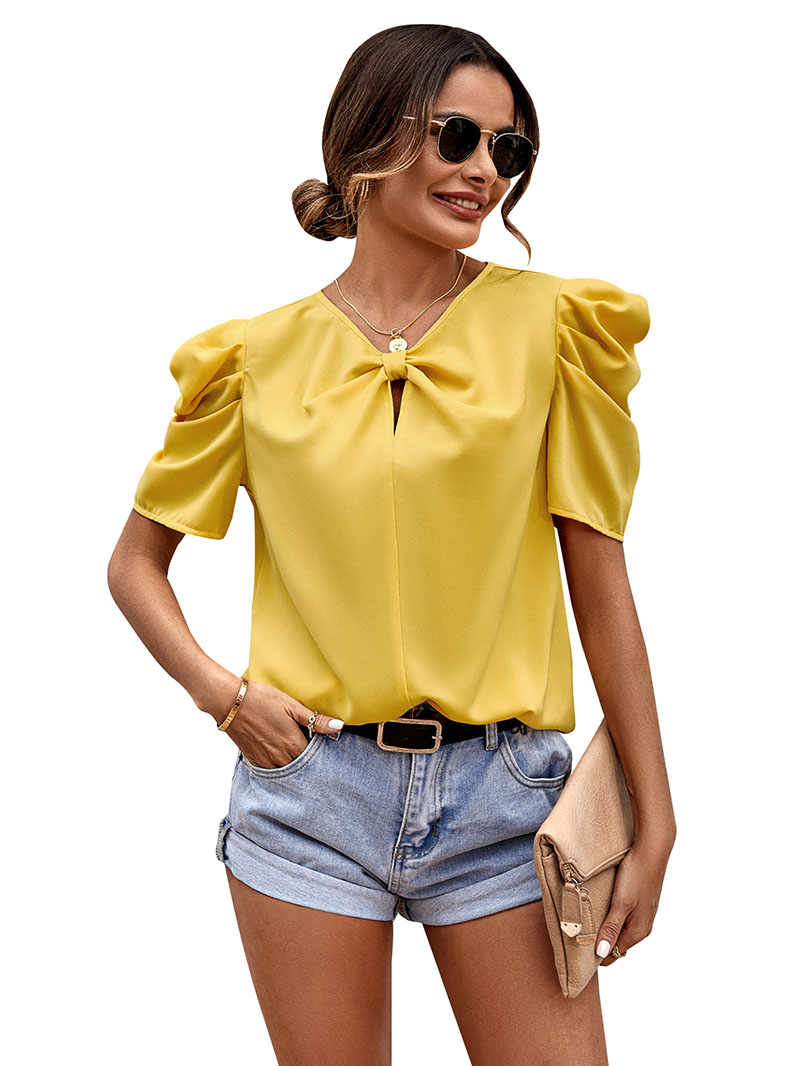 

V-neck Pullover Fashion Women' Blouse Casual Loose Solid Color Fashion New Women' Tops Ruched Hollow Out Bow Chest Puff Short Sleeves Shirt Spring Summer, Dark green