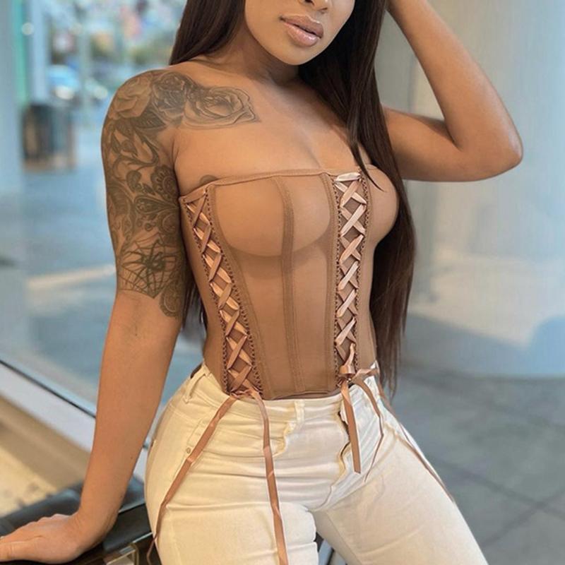 

Women' Tanks & Camis Waist Trainer Girdle Solid Color Tie Up See-Through Off Shoulder Strapless Body Shaper Simple TopsWomen, Black