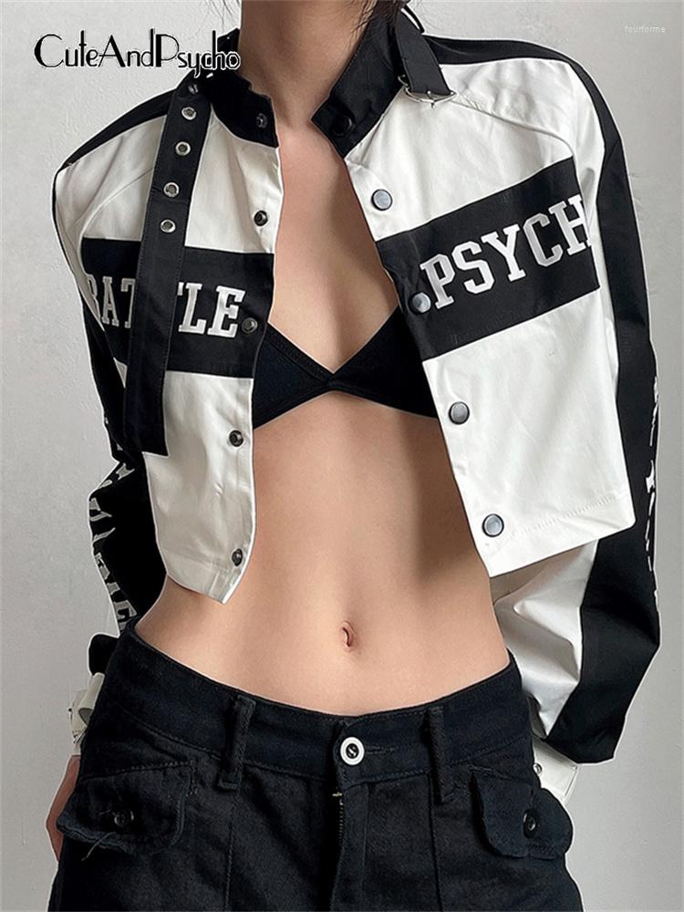 

Women' Jackets Cuteandpsycho Moto&Biker Style Fashion Cropped Letter Print Streetwear Punk Outfits Stand Collar Chic Casual Button Coat, White