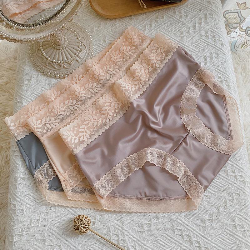 

Women's Panties High End Light Luxury Satin Women Plus Size Mid Waist Lace Soft Briefs Printing Leaf Silky Elastic Female Underpant G39, Black