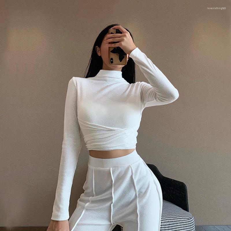 

Women's T Shirts Women's Autumn Fashion Long-sleeved Slim-fit Lace-up Tops Solid Color Temperament High-neck Sexy Chest T-shirt, White