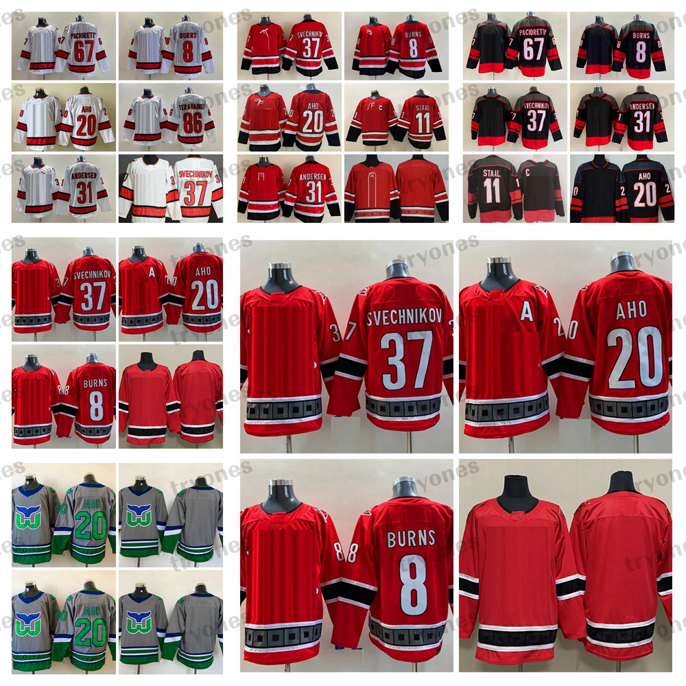 

2022 Reverse Retro Hockey Jerseys 20 Sebastian Aho 11 J Staal 37 Andrei Svechnikov 86 Teuvo Teravainen 31 Frederik Andersen 8 Brent Burns Red Black White Shirts