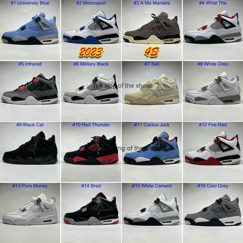 

J4s OG2023 OG 2023 Basketball Shoes Jumpman 4 4s University Blue Sail Violet Midnight Navy Cool Grey Patent Starfish Oreo Bred Black Cat Dark, #4 what the
