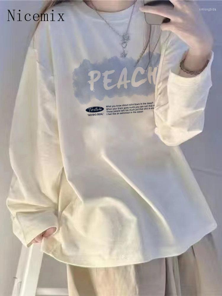 

Women's T Shirts Nicemix Long-sleeved White Shirt Women Spring Autumn Preppy Korean Loose Cartoon Letter O-neck Tshirt Sweet Cool Long, White 3