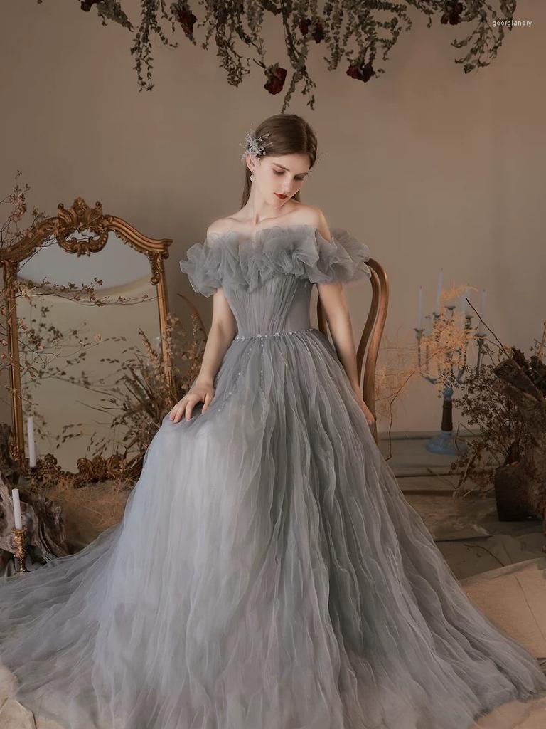 

Party Dresses Gorgeous Gray Cocktail Dress Women Pearl Pleated Strapless Off Shoulder Ruched A-Line Long Formal Princess Evening Gowns
