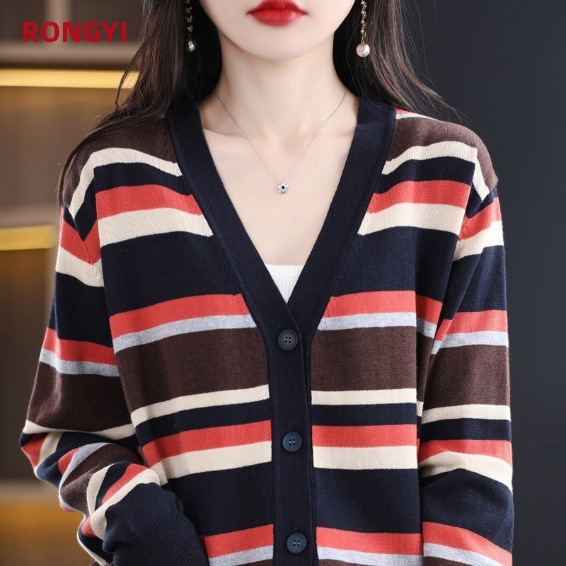 

Women' Knits Tees RONGYI 100 Cotton Woman Spring And Autumn VNeck Cardigan Sweater Coat Knit Fashion Bottoming Shirt Style Striped 230311, Dark brown