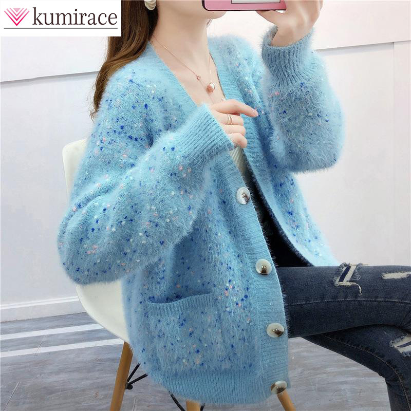 

Women' Knits Tees Autumn and Winter Style Imitation Mink Knitted Cardigan Korean Version Top Loose Sweater Coat 230311, Pink