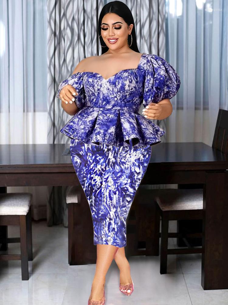 

Plus Size Dresses Dye For Women Blue Peplum Midi Short Puff Sleeve Robes Sexy Vintage Elegant Ladies Print Cocktail Event Gowns