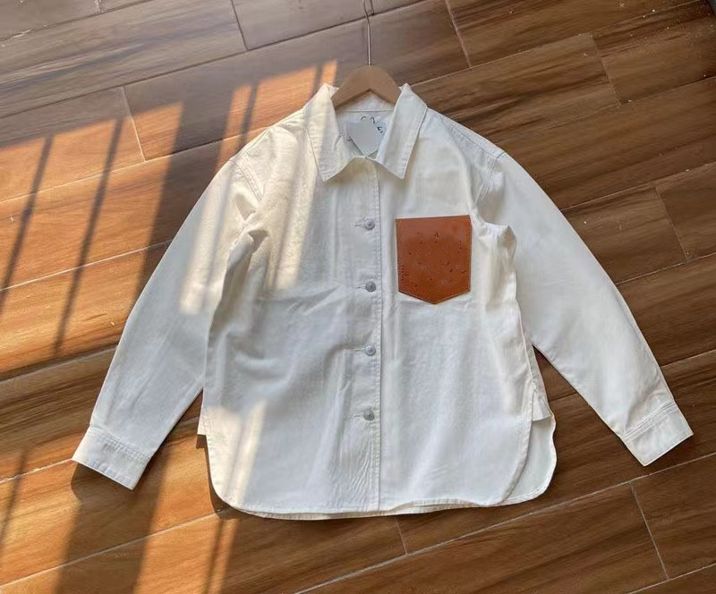 

Women T Shirt Anagram Badge Blouses Denim Shirt Long Sleeve Spring Summer Breathable Tee Lapel Neck Tees, White