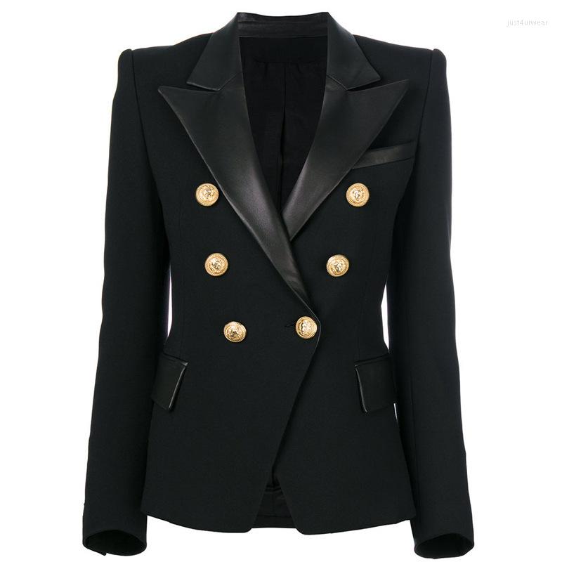 

Blazer Black Women Gold Lion Double Breasted Button Leather Splicing Collar Elegant Blazer Jacket Suit, Black blazer